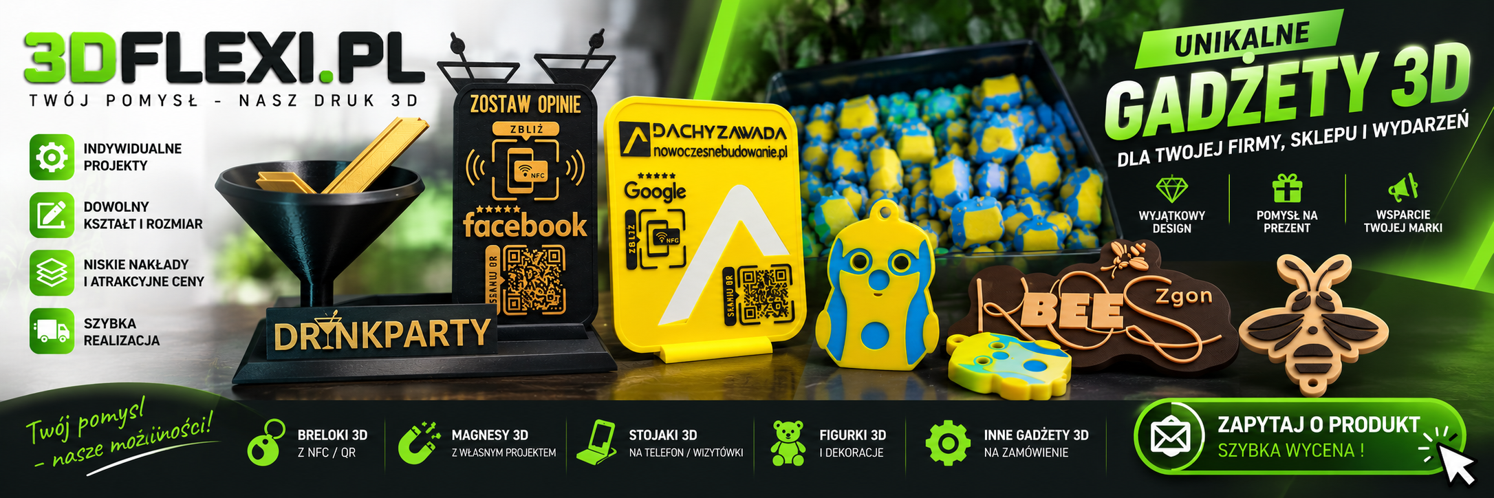 Personalizowane gadżety 3D dla firm – breloki, magnesy, stojaki NFC i figurki 3DFLEXI.PL